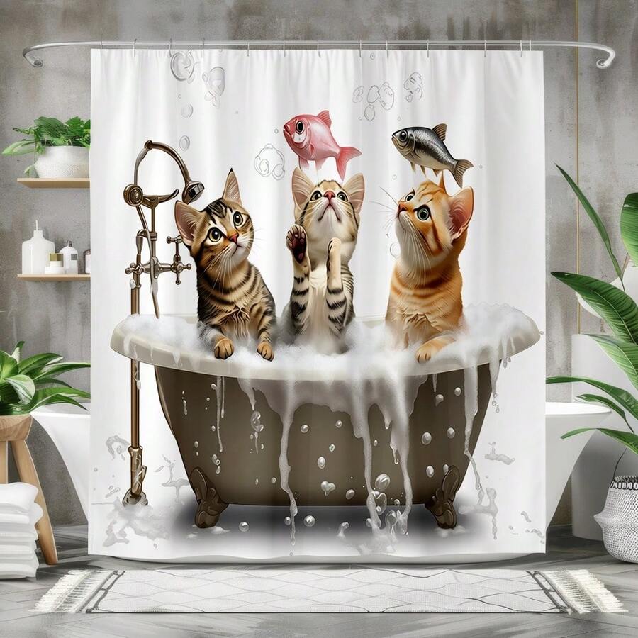 1pc 2D Planar Shower Curtain Cute Cat Design Waterproof Bathroom Decor Modern Bath Curtain Durable Polyester Fabric Fun Animal Print Bathtub Accessory - Multicolor - View 1