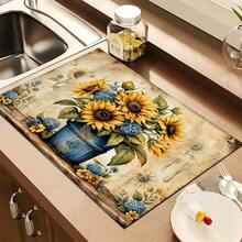 1pc Vintage Sunflower Pattern Absorbent Dish Drying Mat, Home Decor, Espresso Machine Countertop Absorbent Mat, Sink Drain Mat, Soft Faucet Absorbent Mat, Sink Cup Mat, Kitchen & Bathroom Accessories - Multicolor - View 8