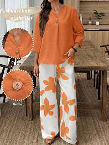 Conjunto de camisa de unicolor y pantalones con estampado floral para vacaciones - Naranja Quemada - Ver 12