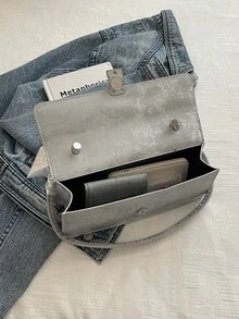 A Fashionable Underarm Bag , Silk Scarf Decoration , Hardware Lock Closure, Flap Opening, Lightweight Solid Colour Shoulder Bag, Baguette Bag. Suitable For Ladies Daily Use - Silver - View 6