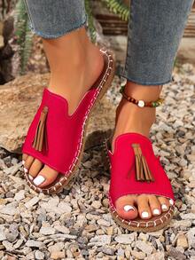 Women's Tassel Decor Red Flat Sandals, Bohemian Beach Resort Slippers, Fashionable Versatile Outdoor Wear - Red - View 4