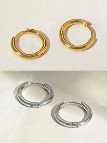 2对极简主义素面耳环套装，金色和银色百搭可叠戴耳环，男女皆宜的日常佩戴不褪色不锈钢耳环 - 彩色 - 查看 12