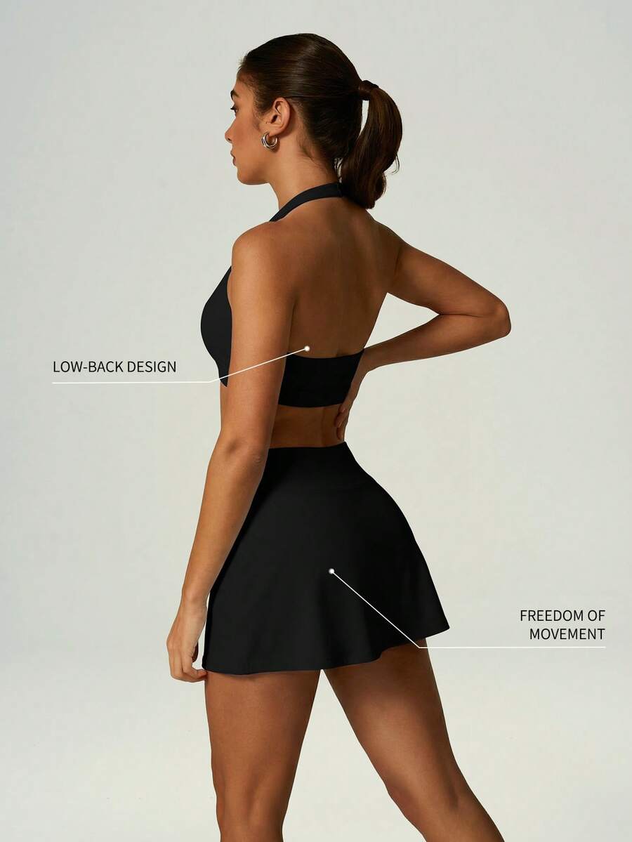 UONNOU 2pcs Tennis Sports Set, Camisole Sports Bra And V-Waist Design Skirt, Suitable For Fitness And Golf - Black - View 1
