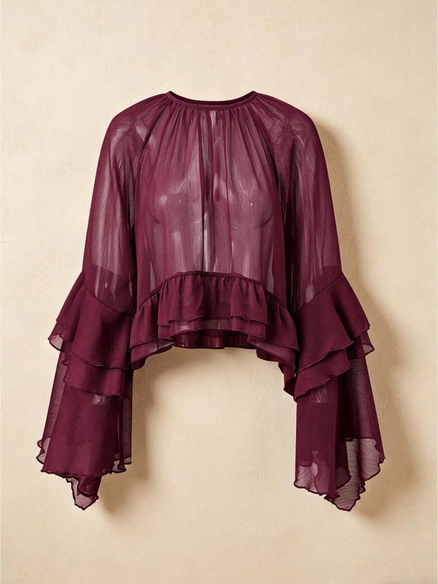 Women Sheer Chiffon Blouse Solid Color Ruffled Long Sleeve Loose Elegant Tops Streetwear - Burdeos - Ver 1