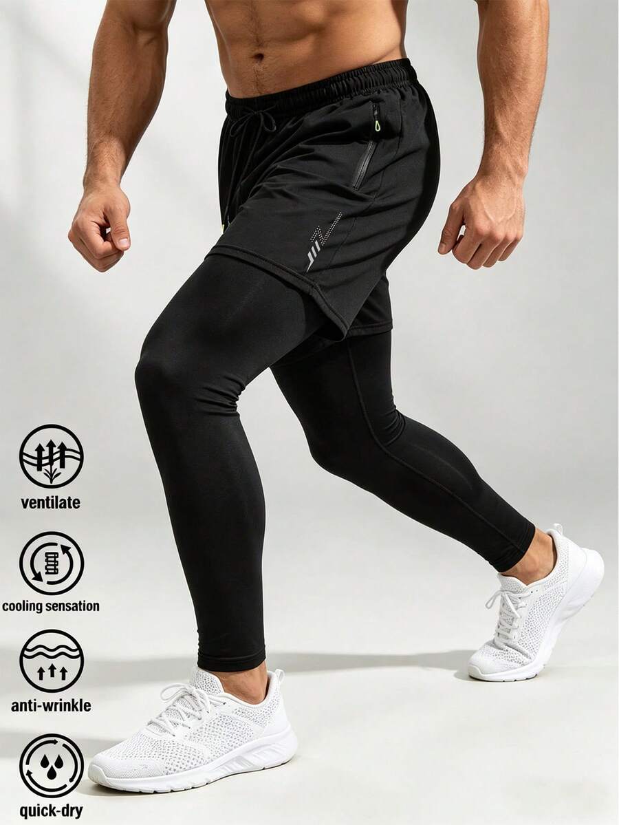 2-In-1 Men's Sports Running Pants, Black Compression Training Trousers With Zipper Pockets And Drawstring Waist, Suitable For Workout And Jogging - Black - View 1