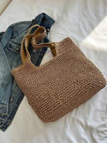 Minimalist Straw Bag Double Handle Vacation Large Capacity Beach Bag, Beach Purse, Perfect For Summer, Vacation & Daily Use, Travel Must Haves - 卡其色 - 查看 7