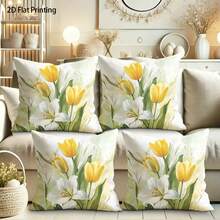 1 Peça/4 Peças Capa de Almofada Estampada com Padrão de Tulipa, Impressão Unilateral, 40*40cm, 45*45cm, 50*50cm, Adequada para seu Sofá, Decoração da Sala de Estar, Adequada para Uso Diário - Multicolorido 3 - Visão 7