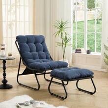Patio Outdoor Lounge Chair with Ottoman, Comfy Sling Recliner Chair with Puffy Cushion and Foot Stool, Ideal for Living Room, Bedroom, Reading Room, Black frame with navy blue cushion - C - Übersicht 1