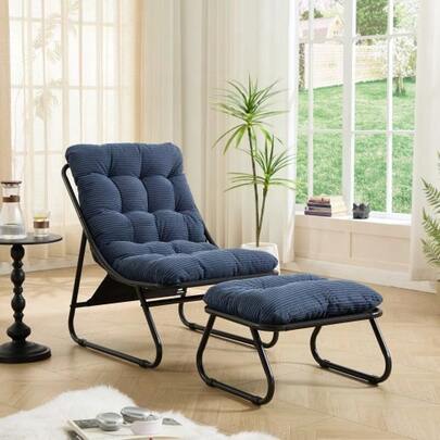 Patio Outdoor Lounge Chair With Ottoman, Comfy Sling Recliner Chair With Puffy Cushion And Foot Stool, Ideal For Living Room, Bedroom, Reading Room, Black Frame With Navy Blue Cushion