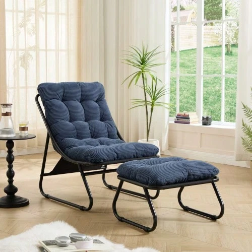 Patio Outdoor Lounge Chair with Ottoman, Comfy Sling Recliner Chair with Puffy Cushion and Foot Stool, Ideal for Living Room, Bedroom, Reading Room, Black frame with navy blue cushion - C - Übersicht 1