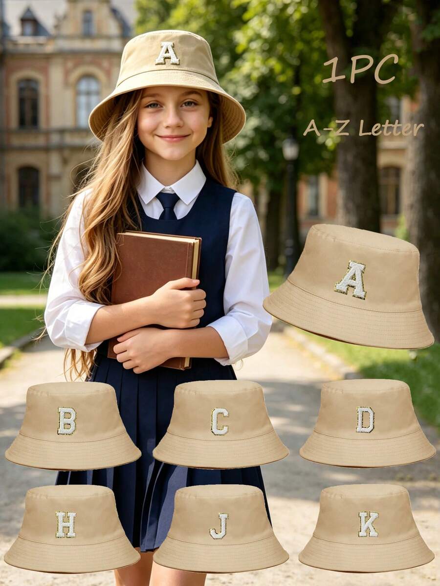 1Pc A-Z Letter Kids Solid Breathable Bucket Hats, Skin-Friendly, Stylish, Suitable For Wearing In All Four Seasons - Khaki - View 1