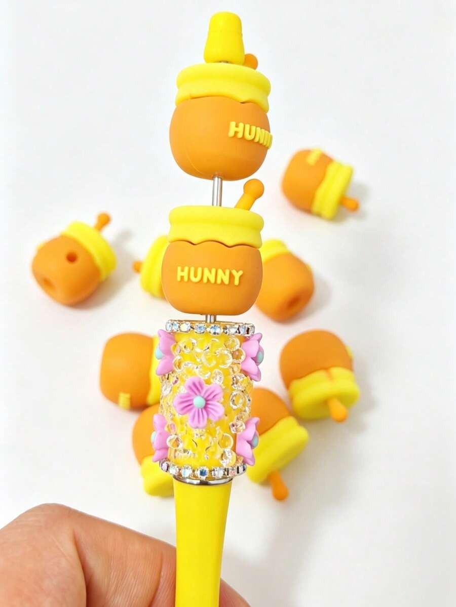 10 Stücke Silikon Honigtopf Perlen, geeignet für Stifte, Schlüsselanhänger DIY, süße Cartoon Honigtopf Abstandsperlen für Schmuckherstellung, orange-gelbe Perlen Accessoires für Armband Halskette