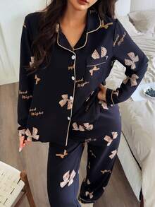 Dreamivo Bộ đồ ngủ dài tay in hình nơ dành cho nữ - màu đen - Xem 4