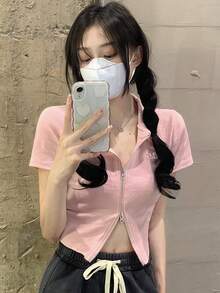 Women Summer Fitted Polo Collar Plain Color Short Sleeve Casual T-Shirt, Slim Fit Zippered Cropped Tops, Fashion Pink - Pink - View 2