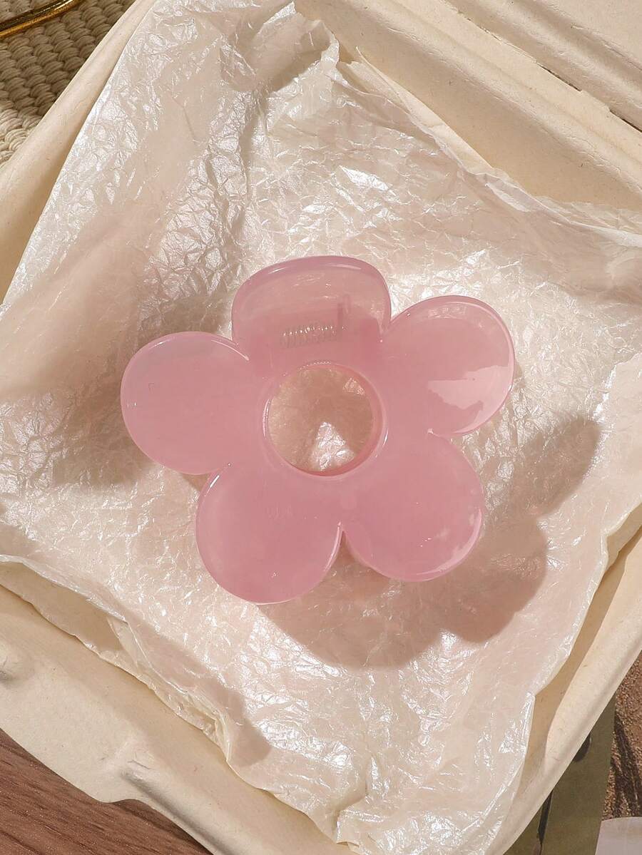 1个半透明粉色亮面镂空花朵发爪,高冠发髻发夹,韩式甜美少女风,可爱法式休闲沙滩通勤野餐派对配饰,节日生日装扮 - 彩色 - 查看 1