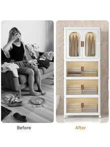 70CM/ 27.55in Clear Door Foldable Wardrobe Storage Cabinet With Wheels, Stackable Multi-Tier Closet Organizer, Durable Clothes Storage Solution For Home & Dorm - White - View 7