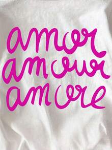 Camiseta de mujer de manga corta de cuello redondo con estampado de letras, informal, de verano - Blanco - Ver 5