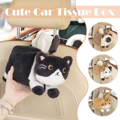 Caja de pañuelos de coche de peluche de gato lindo, soporte colgante de pañuelos de dibujos animados, accesorio de interior de automóvil, dispensador de pañuelos para asiento de coche, decoración para el hogar