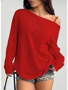 Women's Off-Shoulder Long-Sleeve Shirt, Loose Casual Pullover, Lightweight Autumn Top, Blue: Clothing, Shoes And Jewelry - 紅色 - 查看 13