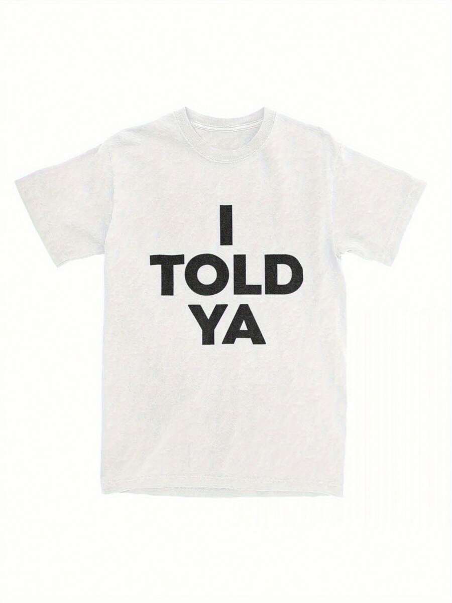 Vintage Fashion Comfortable Patterned T-Shirt, Soft Round Neck Short Sleeves, Featuring A Humorous "I Told Ya" Large Print.Suitable For Casual Wear All Year Round, These Fun T-Shirts Are Suitable For Leisure And Everyday Use, Plus-Size Summer Tops - 黑色 - 查看 1
