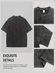 S-4XL Plus Size Men's 100% Cotton Y2K Vintage Washed Black Printed T-Shirt - Short Sleeve  Metal Gear Solid Year-Round Wear, Street Style & Versatile - 黑色 - 查看 3