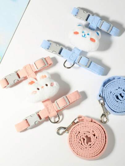 Adjustable Cat Leash Set, Cute Plush Bear & Rabbit Design, Soft Anti-Escape Pet Harness, Suitable For Kittens & Small Dogs, Comfortable Outdoor Walking Leash