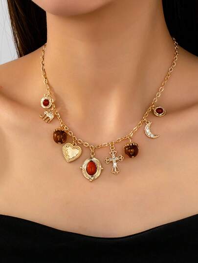 1pc Personalized Multi-Element Pendant Necklace With Cross/Heart/Elephant/Moon Charms, Unique Design Suitable For Women's Daily Wear Or Party, A Surprise Gift
