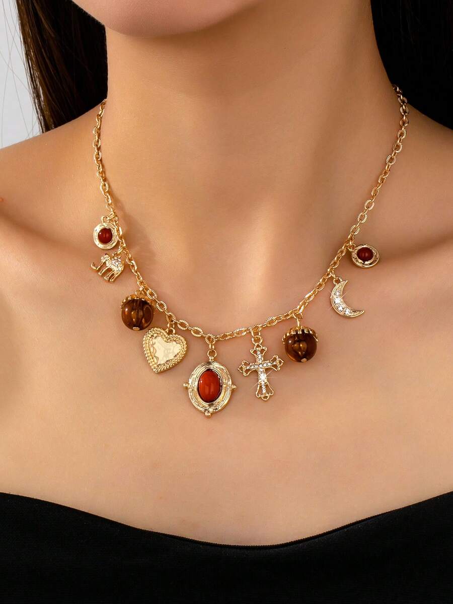 1 chiếc vòng cổ mặt dây chuyền đa hình cá nhân hóa với các mặt dây chuyền hình thánh giá/trái tim/voi/mặt trăng, thiết kế độc đáo phù hợp cho phụ nữ đeo hàng ngày hoặc dự tiệc, một món quà bất ngờ. - Nhiều màu - Xem 1