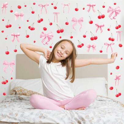 Bowknot Wall Sticker, Romantic Cherry Blossom Home Decor, Removable Waterproof Cartoon Wall Decal For Bedroom, Children's Room, Bathroom