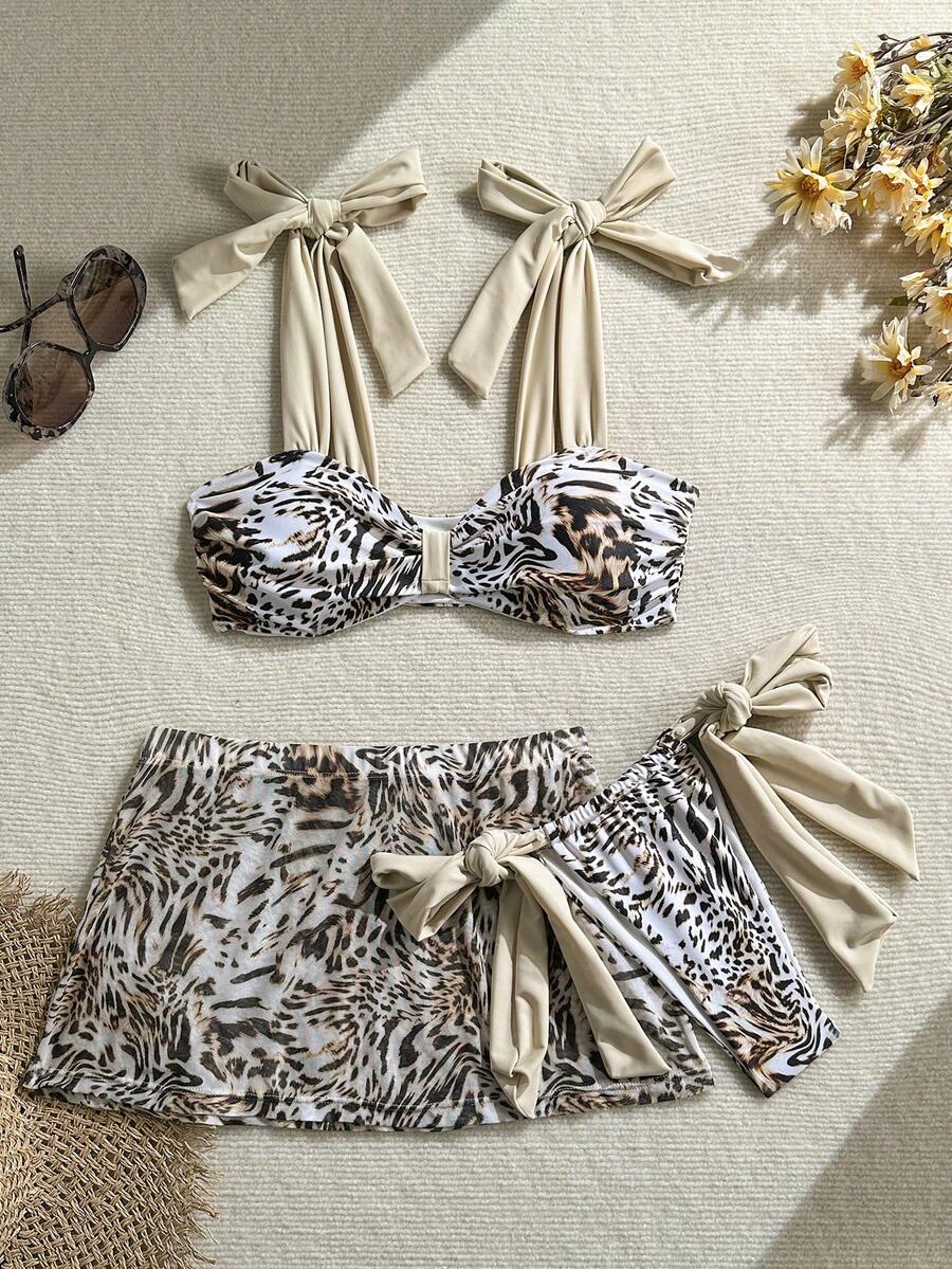 3pcs Animal Print Bikini Set, Casual Cute Elegant Sexy Bohemian Backless Swimwear For Beach, Holiday, Daily Wear, Spring/Summer Vacation - Multicolor - View 1