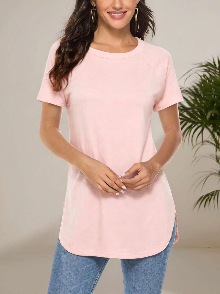 Kaos Lengan Panjang Wanita Kasual Abu-abu Leher Bulat, Kaos Minimalis Serbaguna untuk Berpergian, Warna Pink untuk Musim Panas - Berwarna merah muda - View 1