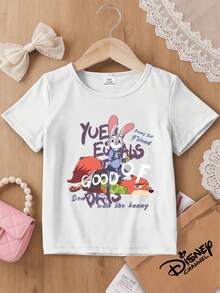 One Children's White Short-Sleeved T-Shirt With A Disney Zootopia "Don't Mess With The Bunny" Print. This Casual Top Is Suitable For Everyday Wear, Versatile And Breathable, Perfect For Spring And Summer, Vacations, Outdoor Activities, Amusement Park Outfits, And Makes A Great Gift For Kids. - trắng - Xem 9