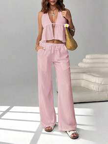 2 piezas Conjunto casual de vacaciones para mujer con top halter sin espalda y pantalones en color caqui tejido - Rosa - Ver 7