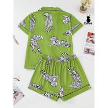 Local Shipping  Plus Size Women's Tiger Print Sleepwear Set, Comfortable Collared Button- Short Sleeve Shirt And Casual Loose Shorts, Four Seasons Wear Two-Piece Pajama Set - màu xanh lá - Xem 2