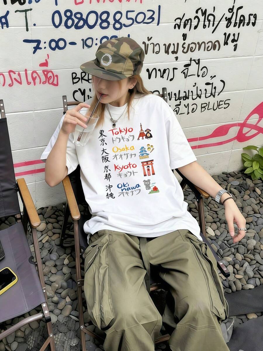 Y2k > Tops 100% Cotton Fan T-Shirt Men's & Women's, Fashionable And Versatile Clothing For Girls, Printed Pattern, Office Wear, Casual Wear, Perfect For Inner Or Outer Layering, Korean Fashion Round Neck Short Sleeve Top - 白色 - 查看 1