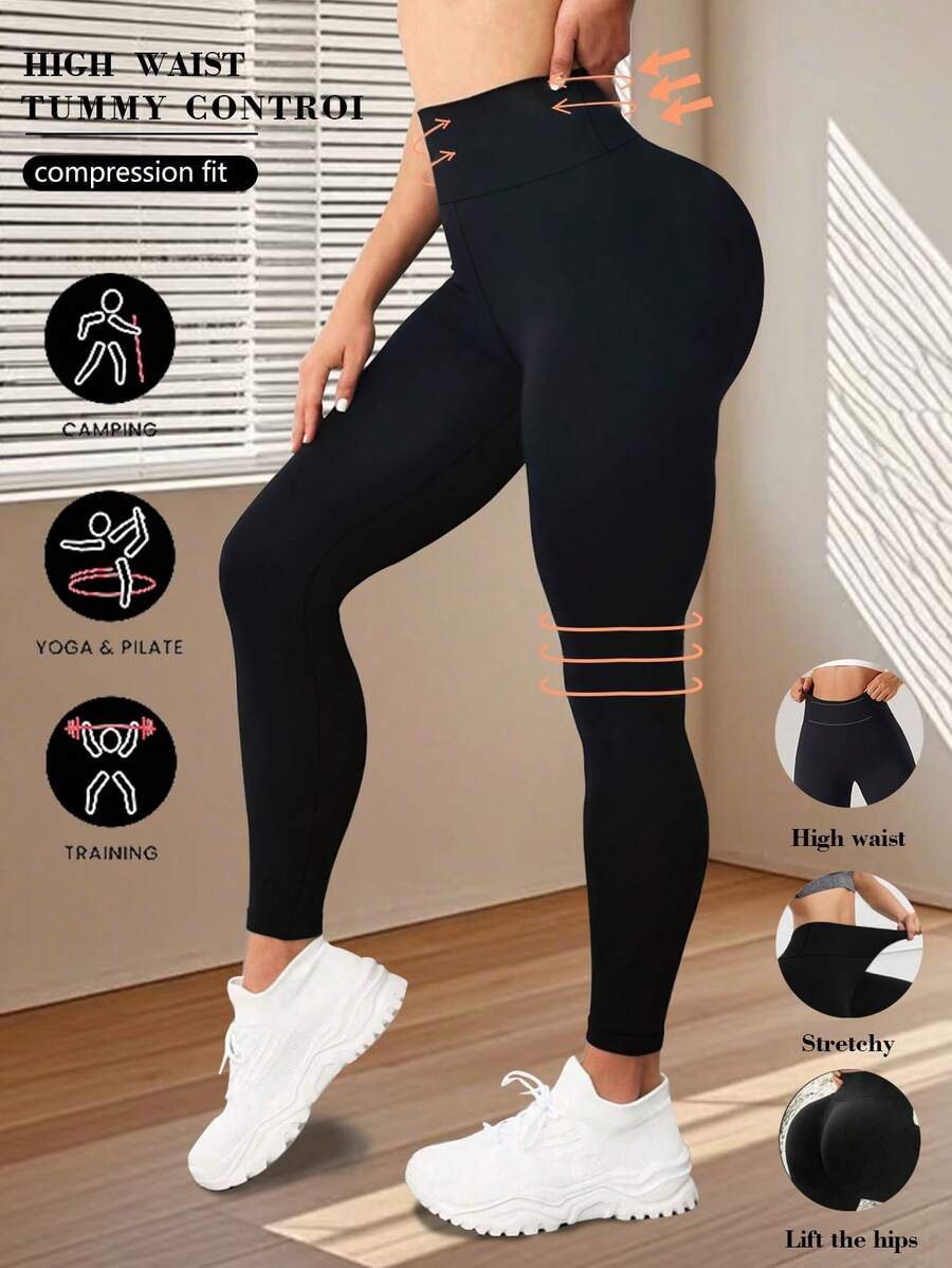 1 pieza Pantalón de yoga de cintura alta y ajustado para mujer, adecuado para fitness, yoga, ciclismo, escalada, todas las estaciones - Negro - Ver 1