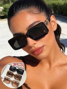 3PCS Women's Rectangular Oversized Frame Fashion Glasses, Featuring Metal Hollow-Out Decorative Temple Arms, Unique, Stylish, Elegant, Versatile Casual Style, Suitabr Daily Commuting, Street Photography, And Party Outfits, With Glasses Box - Multicolor - View 1
