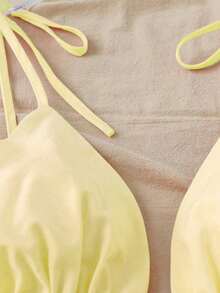 Everyssa Vestido de mujer de unicolor con cuello en V, tirantes con lazo, sin mangas y con volantes en el bajo - Amarillo - Ver 3