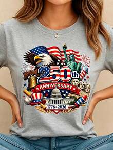Women's Crew Neck Summer Tee USA 250th Anniversary Patriotic Print Regular Fit Top Perfect For National Celebrations & Daily Casual Wear & Leisure Outings - 淺灰色 - 查看 3