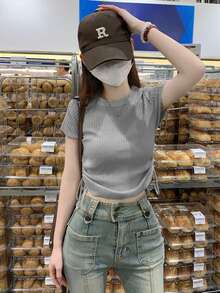 女士休闲日常通勤纯色抽绳褶皱短款罗纹针织上衣，夏季 - 灰色 - 查看 3