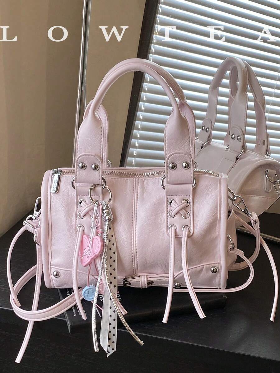 low tea 1 pieza Bolso de mano de unicolor de PU, bolso de bolos de moda retro para mujer, diseño de doble asa superior, cierre con cremallera, correa para el hombro ajustable y desmontable, adecuado para viajes, compras, citas, regalo para mujer, excelente para ir al trabajo, actividades al aire libre, viajes, senderismo (con colgante)