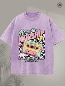 2026230G Washed Cotton High-Quality Patterned Printed T-Shirt, Vintage Christian, Made For Worship, Praise, Cassette, Men's Summer Crew Neck Short Sleeve, Suitable For Street Vintage Fashion And Outdoor Sports Leisure, Religious Gift; Unisex.,High-Quality Wax Printed Cotton Retro FashionBrand T-Shirt, Men's T-Shirt, Beach Must-Have, Men's Summer T-Shirt, Holiday Gift, Perfect Gift,Valentine's Day Gift - 紫色 - 查看 18