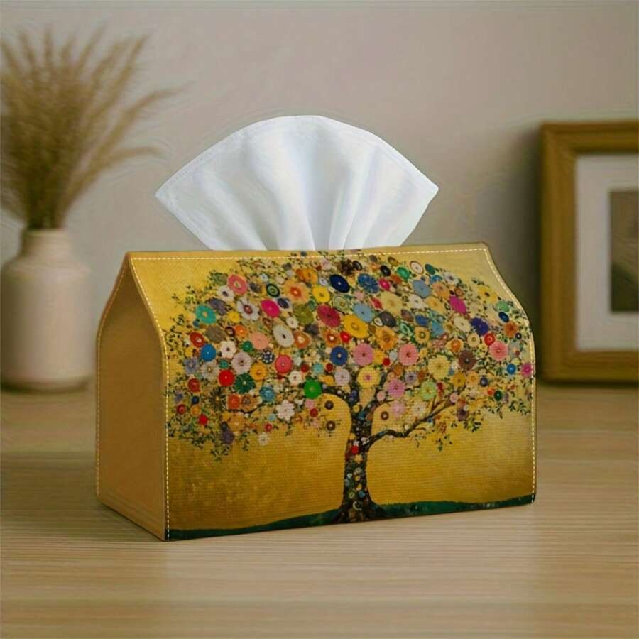 1pc Life Tree Printed Tissue Box, Nordic Style Creative Facial Tissue Holder For Living Room, Bedroom, Car, Multifunctional Paper Towel Storage Box - Multicolor - View 1