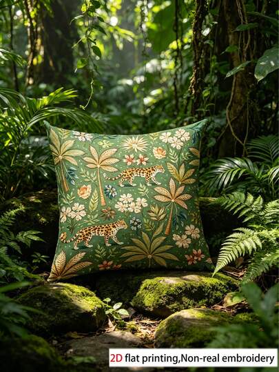 1PC Soft Short Plush Throw Pillow Cover, 45*45 Cm - Tropical Plant And Leopard Pattern, Ideal For Living Room, Bedroom, Office Decor (Pillow Insert Not Included), Stylish Tropical Plant And Leopard Print Pillow Cover | Tropical Plant And Leopard Pattern | Decorative Pillows