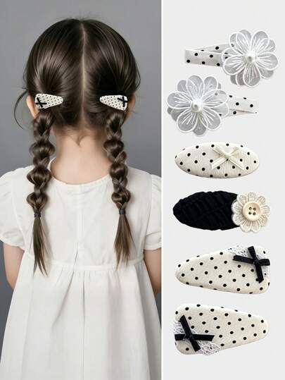 2pcs Polka Dot Bow & Lace Hair Clips, Sweet Black & White Fabric Barrettes, Vintage Style Hair Accessories For Girls