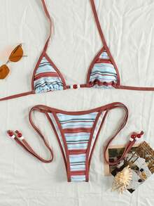 Bộ bikini nữ kẻ sọc nhiều màu sắc với điểm nhấn hạt cườm đỏ, kiểu dáng thanh lịch, gợi cảm, thoải mái, chất liệu co giãn, thích hợp cho mùa hè, kỳ nghỉ biển, lễ hội, tiệc tùng, các hoạt động bên bờ biển và những ngày đi biển, đi bơi thời trang. - Nhiều màu - Xem 2