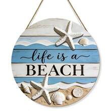 Placa colgante redonda de madera con estilo Ins de verano y océano, decoración de pared de arte de madera con lema de playa para la sala de estar - Multicolor - Ver 5