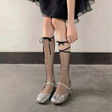 1 Pair White Bow Tie Fishnet Socks, Women's Spring/Summer Lace-Up Knee High Mesh Stockings - Multicolor - View 7