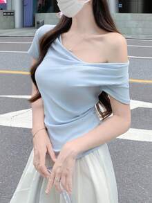 2026 Summer New Women's Draped Neck Short Sleeve-Shirt Ruched Waist Tops Design Solid Color Tees - Pink - View 6
