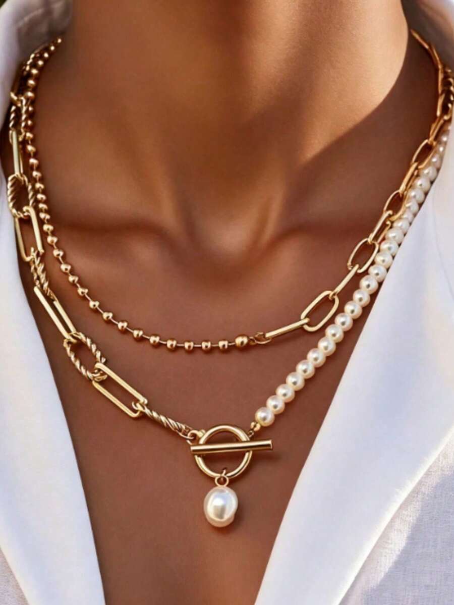 1pc Fashionable Long Pearl Chain Layered Necklace, Retro Personalized Pearl Clasp Necklace - Gold - View 1